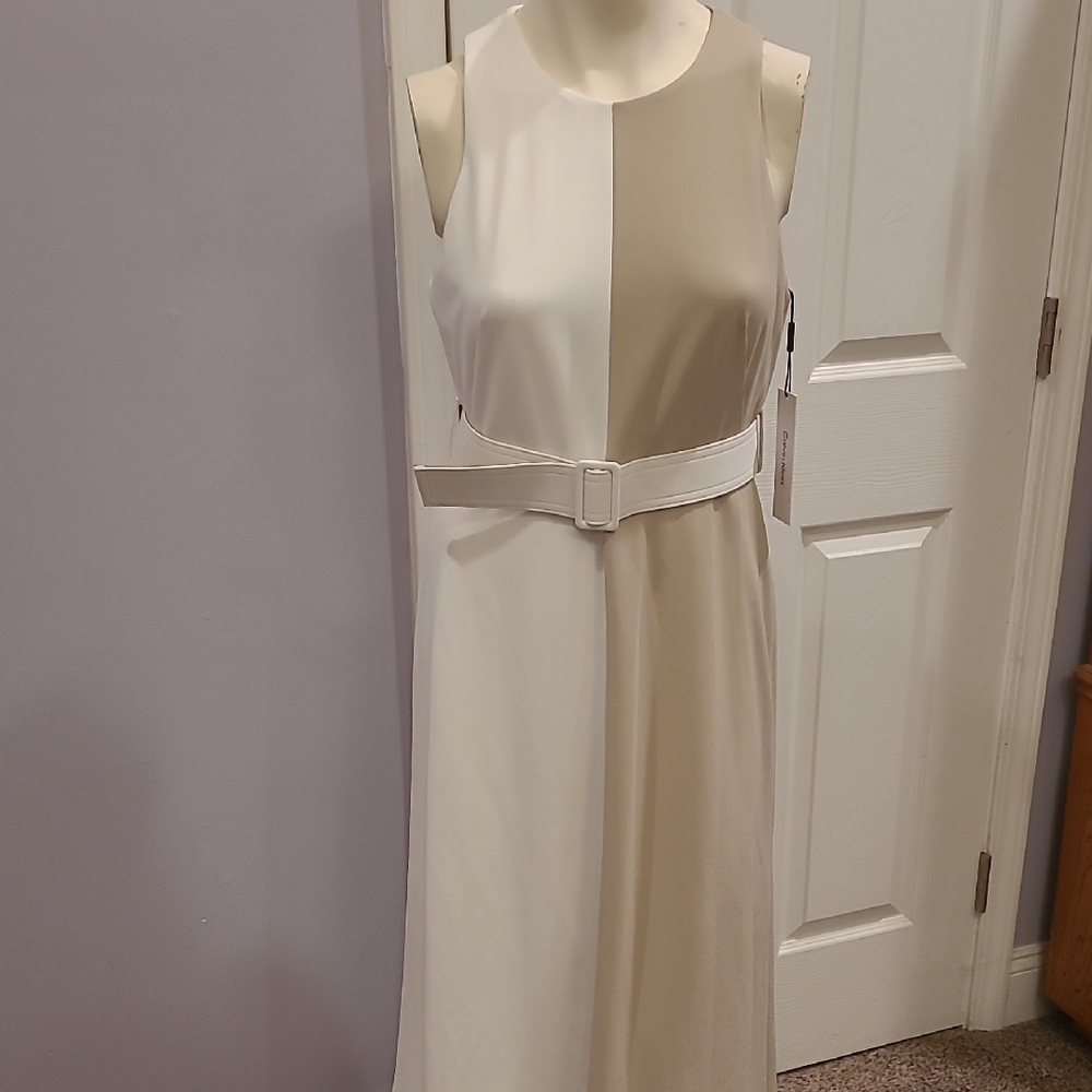 Calvin Klein Two-Tone Midi Dress in Cream and Tan